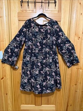 Ing Black Floral Long Sleeve Casual Baby Doll Dress with Pink Bird, Size 2X